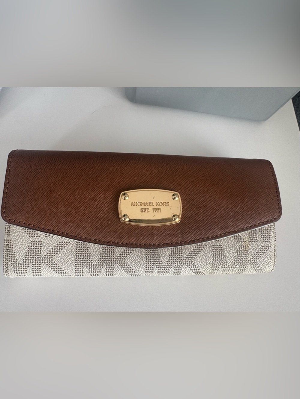 Michael Kors Brown and Ivory Logo Continental Wallet with Gold Plaque